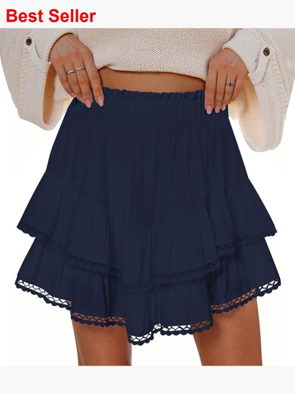 Cotton Blend High Waist Skort with Lace Hem and Built-in Shorts